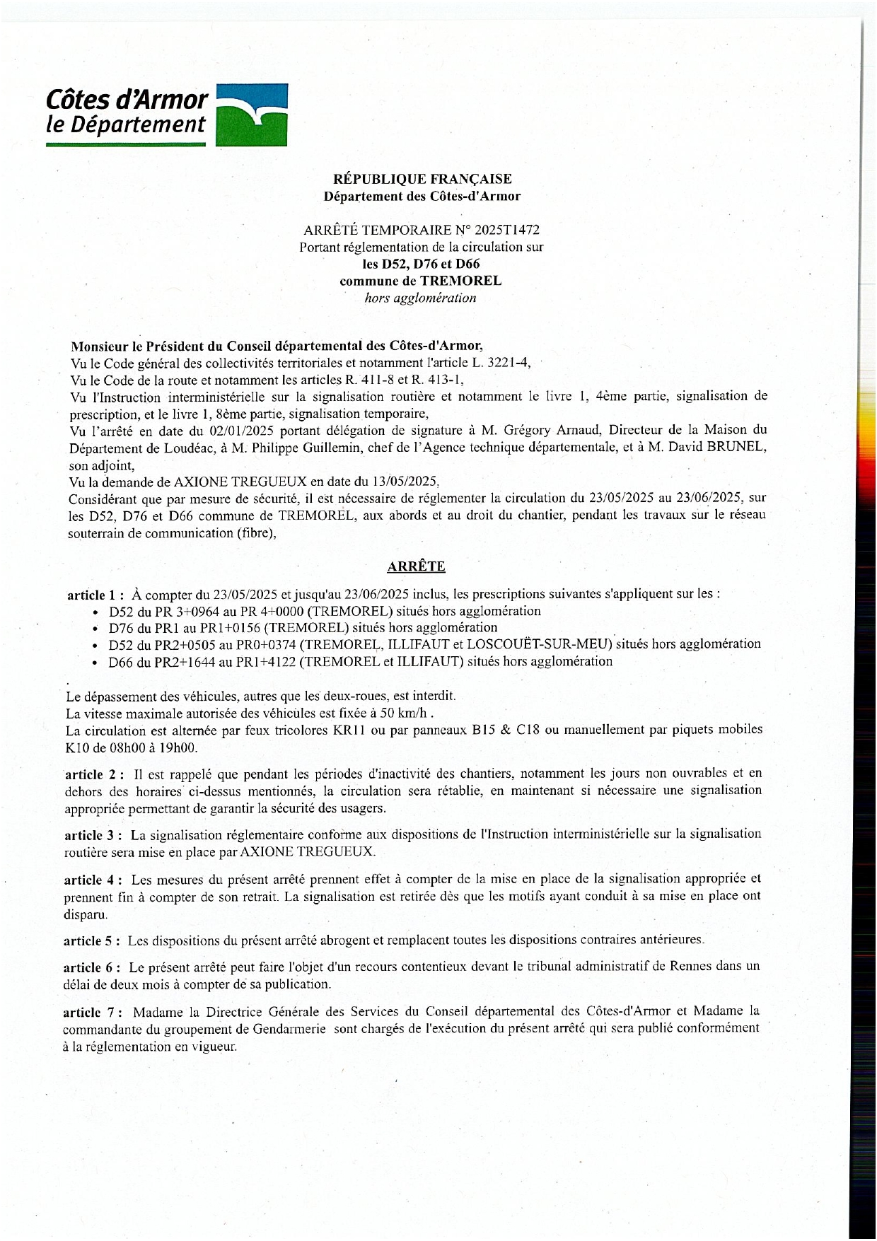 Arrêté portant réglementation de la circulation (Circulation alternée et limitation de vitesse) sur les D52, D76 et D66, du 23 mai 2025 au 23 juin 2025.