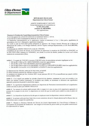Arrêté portant réglementation de la circulation (Circulation alternée et limitation de vitesse) sur les D52, D76 et D66, du 23 mai 2025 au 23 juin 2025.