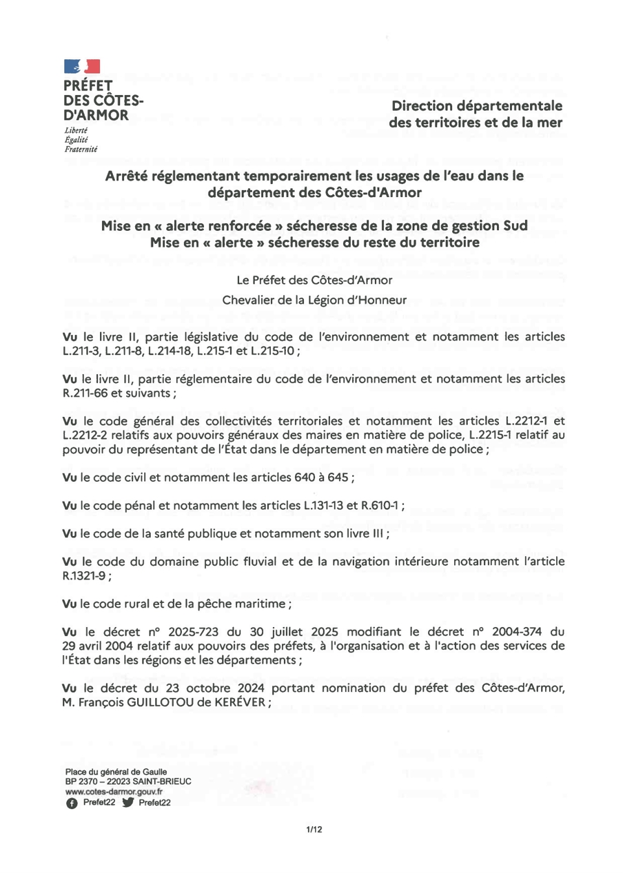 Arrêté règlementant temporairement les usages de l'eau dans le département des Côtes d'Armor