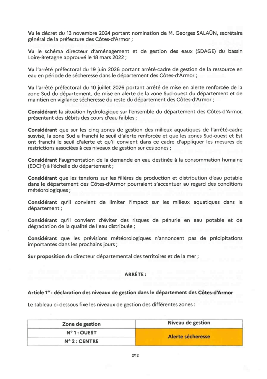 Arrêté règlementant temporairement les usages de l'eau dans le département des Côtes d'Armor