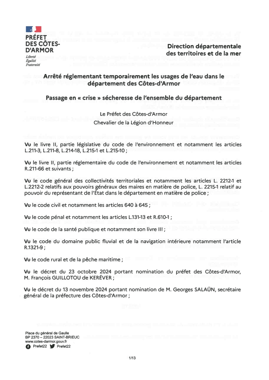 Arrêté règlementant les usages de l'eau dans le département des Côtes-d'Armor