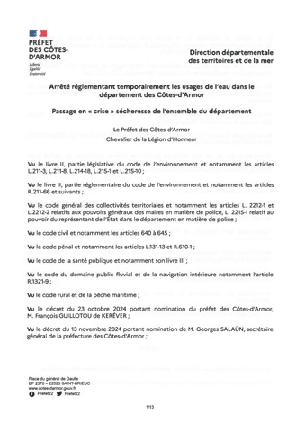Arrêté règlementant les usages de l'eau dans le département des Côtes-d'Armor