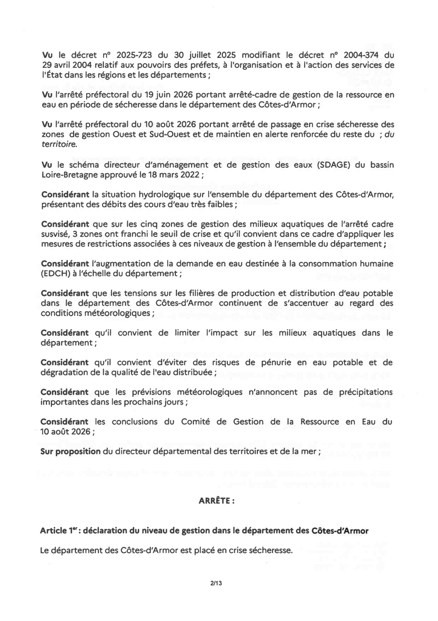 Arrêté règlementant les usages de l'eau dans le département des Côtes-d'Armor