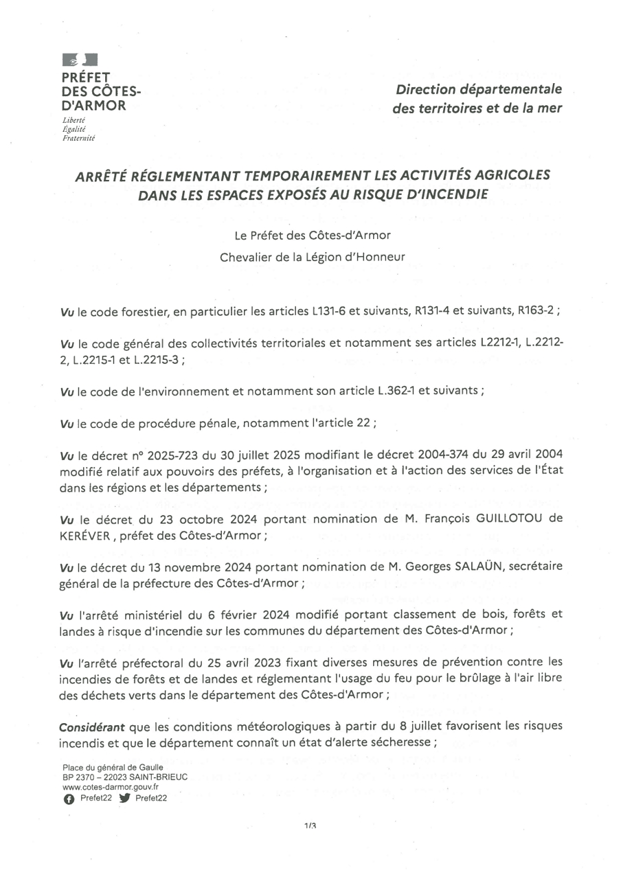 Arrêté règlementant temporairement les activités agricoles dans les espaces exposés au risque d'incendie