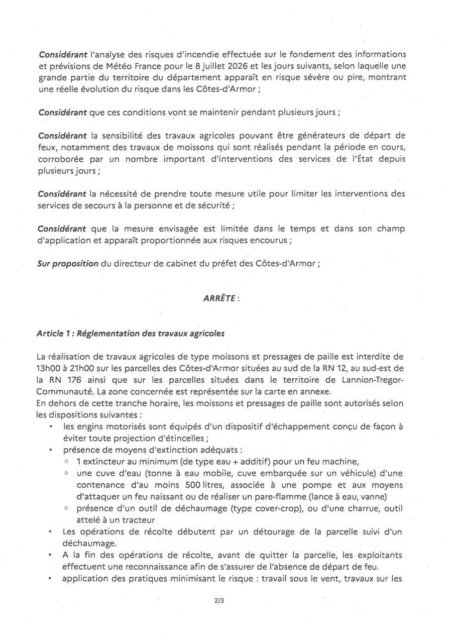 Arrêté règlementant temporairement les activités agricoles dans les espaces exposés au risque d'incendie