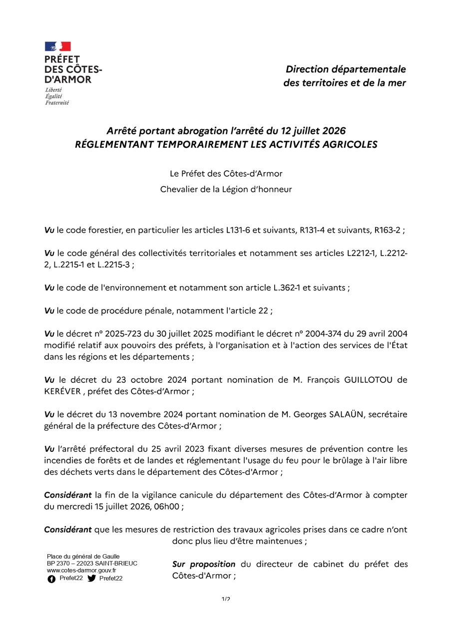 Arrêté abrogeant les activités agricoles dans les espaces exposés au risque d'incendie