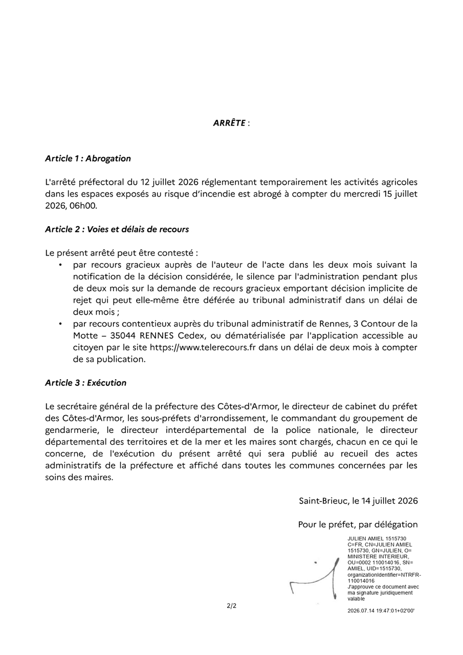 Arrêté abrogeant les activités agricoles dans les espaces exposés au risque d'incendie