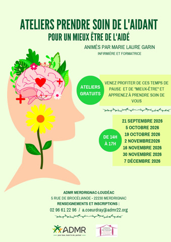 Vous accompagnez au quotidien votre conjoint, votre parent, votre enfant ou un proche qui a besoin de vous ? Vous avez peut-être l’impression de faire simplement ce qui est normal, sans vous considérer comme un « aidant ». Pourtant, vous en êtes un. Et vous aussi, vous avez le droit de prendre soin de vous.<br />
Aider un proche, c’est souvent quelque chose qui se fait naturellement. Préparer les repas, accompagner à un rendez-vous, faire les courses, gérer les démarches administratives, aider à se déplacer, être présent, rassurer, écouter… Petit à petit, ces gestes prennent une place importante dans le quotidien.<br />
Et bien souvent, on ne se dit pas : « Je suis aidant. »<br />
On pense simplement : « C’est mon mari, ma femme, ma mère, mon père… c’est normal que je l’aide. »<br />
Pourtant, être présent pour un proche dépendant peut être fatigant, physiquement comme moralement. Et lorsque l’aide s’installe dans la durée, il devient facile de s’oublier soi-même.<br />
Et vous, qui prend soin de vous ?<br />
En France, plus de 11 millions de personnes accompagnent ainsi au quotidien un proche en situation de dépendance. Ces personnes donnent de leur temps, de leur énergie et parfois une grande partie d’elles-mêmes, sans toujours mesurer qu’elles ont elles aussi besoin de soutien.<br />
Prendre soin de soi n’est pas égoïste. C’est aussi une façon de pouvoir continuer à prendre soin de l’autre.<br />
C’est pour cela que l’ADMR de Merdrignac propose à nouveau ses ateliers bien-être des aidants, entièrement gratuits.<br />
Ces ateliers sont ouverts à toutes les personnes qui accompagnent un proche au quotidien. Pas besoin de se reconnaître dans le mot « aidant » : si vous êtes là pour quelqu’un, ces rendez-vous peuvent être pour vous.<br />
Un moment pour souffler… et repartir avec des outils<br />
Animés par Marie-Laure Garin, infirmière et formatrice, les ateliers proposent de découvrir différentes approches psychocorporelles : relaxation, socio-esthétique, sophrologie, brain-gym, techniques de respiration, toucher-détente…<br />
Des techniques simples que chacun pourra expérimenter et, pourquoi pas, réutiliser ensuite chez soi, pour son propre bien-être ou parfois avec son proche.<br />
Mais avant tout, ces rencontres sont l’occasion de faire une pause, de prendre du temps pour soi, de se détendre et d’échanger avec d’autres personnes qui vivent des situations similaires.<br />
Il n’est pas nécessaire d’attendre d’être épuisé pour venir.<br />
Venez simplement découvrir. Venez essayer. Venez prendre une heure ou un moment pour vous.<br />
Sept rendez-vous à Merdrignac<br />
Les ateliers se dérouleront dans la salle de réunion du pôle médico-social de  Merdrignac, aux dates suivantes :<br />
•	21 septembre 2026<br />
•	5 octobre 2026<br />
•	19 octobre 2026<br />
•	2 novembre 2026<br />
•	16 novembre 2026<br />
•	30 novembre 2026<br />
•	7 décembre 2026<br />
Les ateliers sont gratuits, sur inscription.<br />
Vous pensez que ces ateliers pourraient faire du bien à quelqu’un de votre entourage ? Parlez-en autour de vous. Un conjoint, un parent, un voisin, un ami… parfois, les personnes qui ont le plus besoin de souffler sont justement celles qui ne pensent pas à demander de l’aide.<br />
Renseignements et inscriptions : ADMR de Merdrignac-Loudéac – 02 96 61 22 95.<br />
Et si, cette fois, vous vous accordiez à vous-même un peu de l’attention que vous donnez chaque jour aux autres ?<br />
Vous trouverez en pièce jointe le document présentant les ateliers bien-être des aidants proposés par l’ADMR de Merdrignac.<br />
