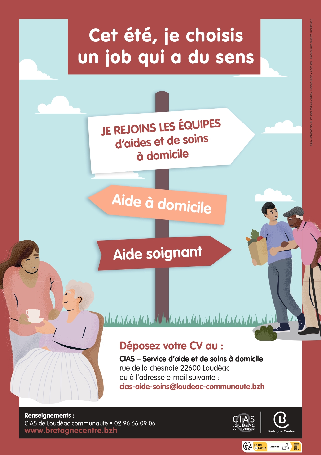 Loudéac Communauté Bretagne Centre recrute des personnes motivé(e)s pour des postes saisonniers d'Aide à Domicile et d'Aide-Soignant de juin à septembre ! ☀️<br />
➡️ Votre mission (si vous l'acceptez) : Apporter du soutien et du sourire au quotidien des habitants de notre territoire : aide aux actes de la vie courante, moments de partage, préparation des repas... Vos compétences et votre envie de bien faire feront la différence !<br />
✅ Ce qu'on attend de vous : De la présence, de l'écoute, de la bienveillance... et le permis + un véhicule pour vous déplacer facilement.<br />
🎁 Ce qu'on vous offre :<br />
•	Une première expérience valorisante dans le secteur social (un vrai plus pour votre CV !)<br />
•	Une équipe chaleureuse et un encadrement au top pour vous accompagner.<br />
•	Du temps pour vous familiariser avec votre poste et des formations pour monter en compétences.<br />
•	Des contrats de 4 mois (juin-septembre) avec la possibilité de déboucher sur un emploi stable !<br />
•	Des temps de travail adaptés à vos envies et disponibilités (temps plein ou partiel).<br />
🚀 Prêt(e) à vous lancer dans une aventure humaine ? N'hésitez plus et postulez !<br />
Contactez-nous : cias-aide-soins@loudeac-communaute.bzh<br />
#LoudéacCommunauté #BretagneCentre #EmploiSaisonnier #JeunesTalents #AideADomicile #AideSoignant #JobÉté #SecteurSocial<br />
