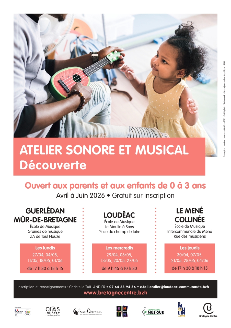 Veuillez trouver ci-joint les nouvelles dates des ateliers sonores et musicaux 0-3 ans animés par le service petite enfance du CIAS de Loudéac Communauté.