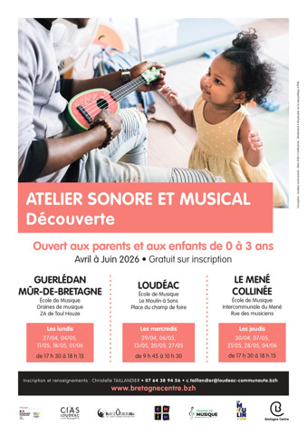 Veuillez trouver ci-joint les nouvelles dates des ateliers sonores et musicaux 0-3 ans animés par le service petite enfance du CIAS de Loudéac Communauté.