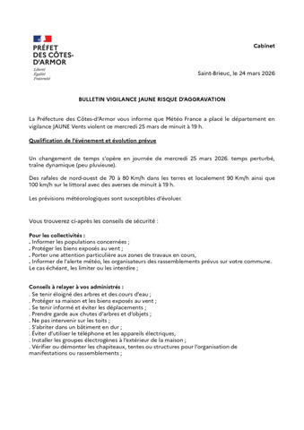 La Préfecture des Côtes-d'Armor vous informe que Météo France a placé le département en vigilance JAUNE Vent violent ce mercredi 25 mars de minuit à 19 h
