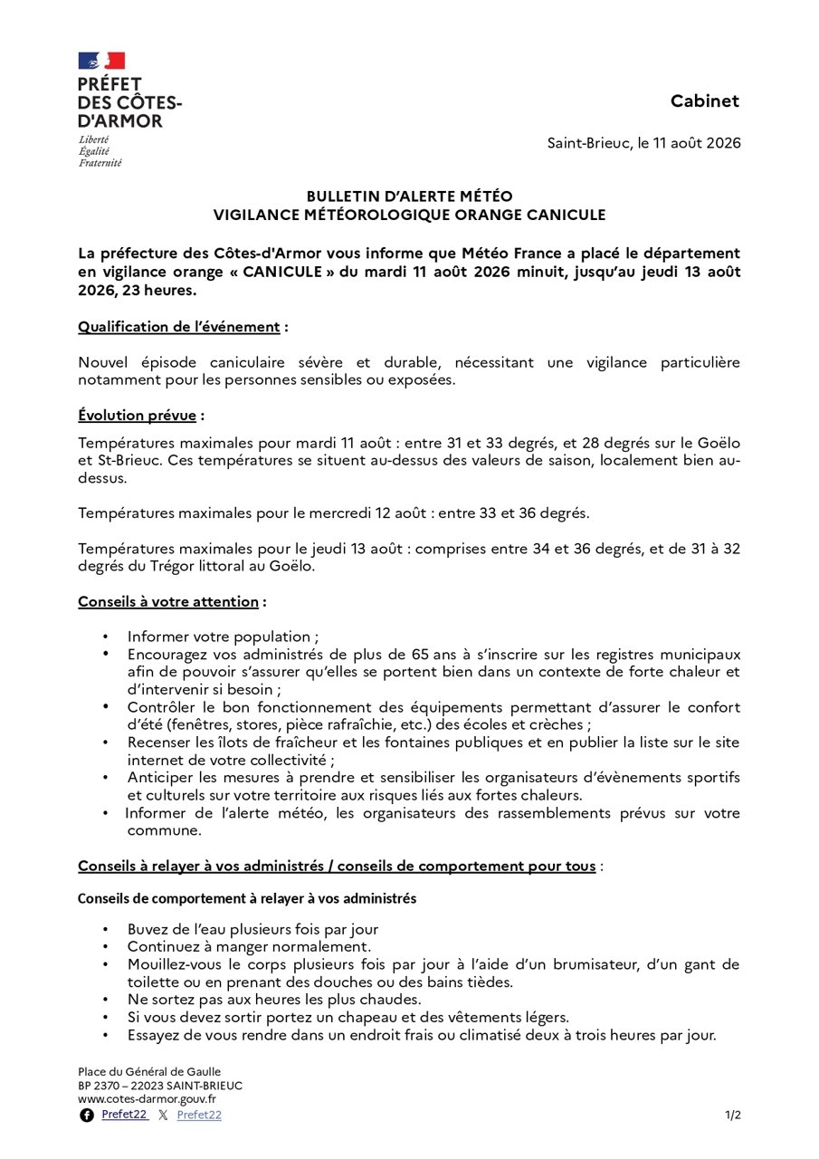 BULLETIN D’ALERTE MÉTÉO<br />
VIGILANCE MÉTÉOROLOGIQUE ORANGE CANICULE