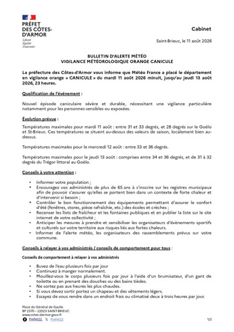 BULLETIN D’ALERTE MÉTÉO<br />
VIGILANCE MÉTÉOROLOGIQUE ORANGE CANICULE