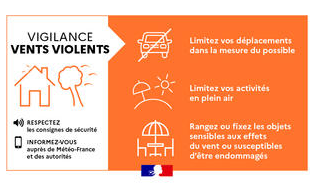 – Orange « Vents violents » de 18h00 à 06h00 demain matin ;<br />
<br />
– Orange « Vagues-submersion » de 00h00 à 06h00 demain matin.