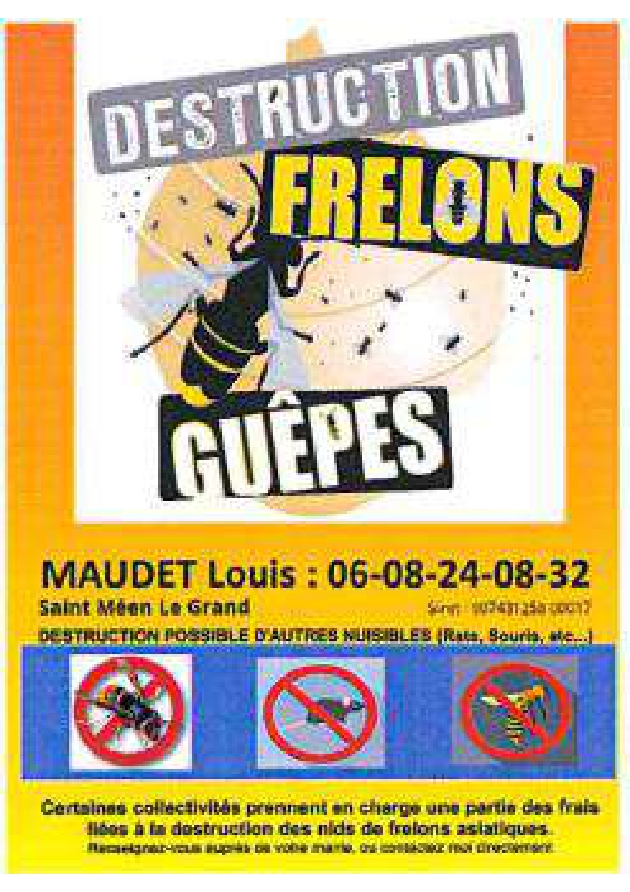Cette période de l’année est particulièrement propice à l’apparition de nids de guêpes, de frelons ou d’autres insectes.<br />
Si vous êtes confronté à ce type de situation et avez besoin d’un professionnel, vous pouvez contacter :<br />
<br />
Monsieur Louis Maudet