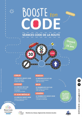 Animation “Booste ton code de la route” – Mission Locale<br />
<br />
Destinée aux jeunes de 16 à 25 ans, cette action vous permet d’être accompagné(e) dans votre préparation au code de la route.<br />
<br />
Inscrivez-vous pour connaître les modalités et choisissez l’agence qui vous convient.