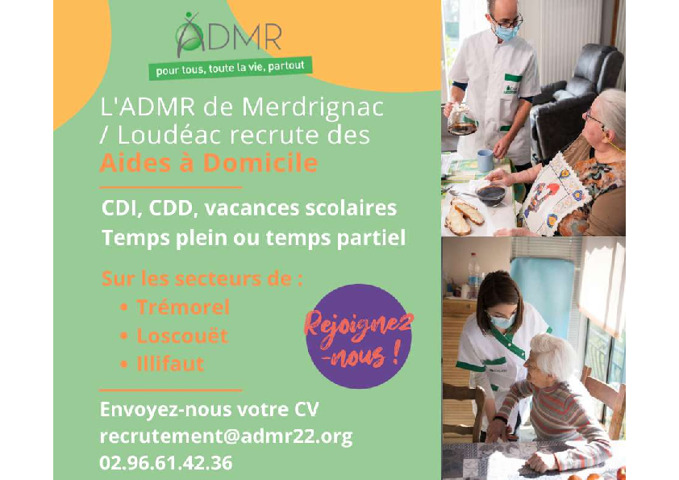 l'ADMR de MERDRIGNAC recrute des aides à domicile sur notre commune. Merci de diffuser l'information autour de vous !