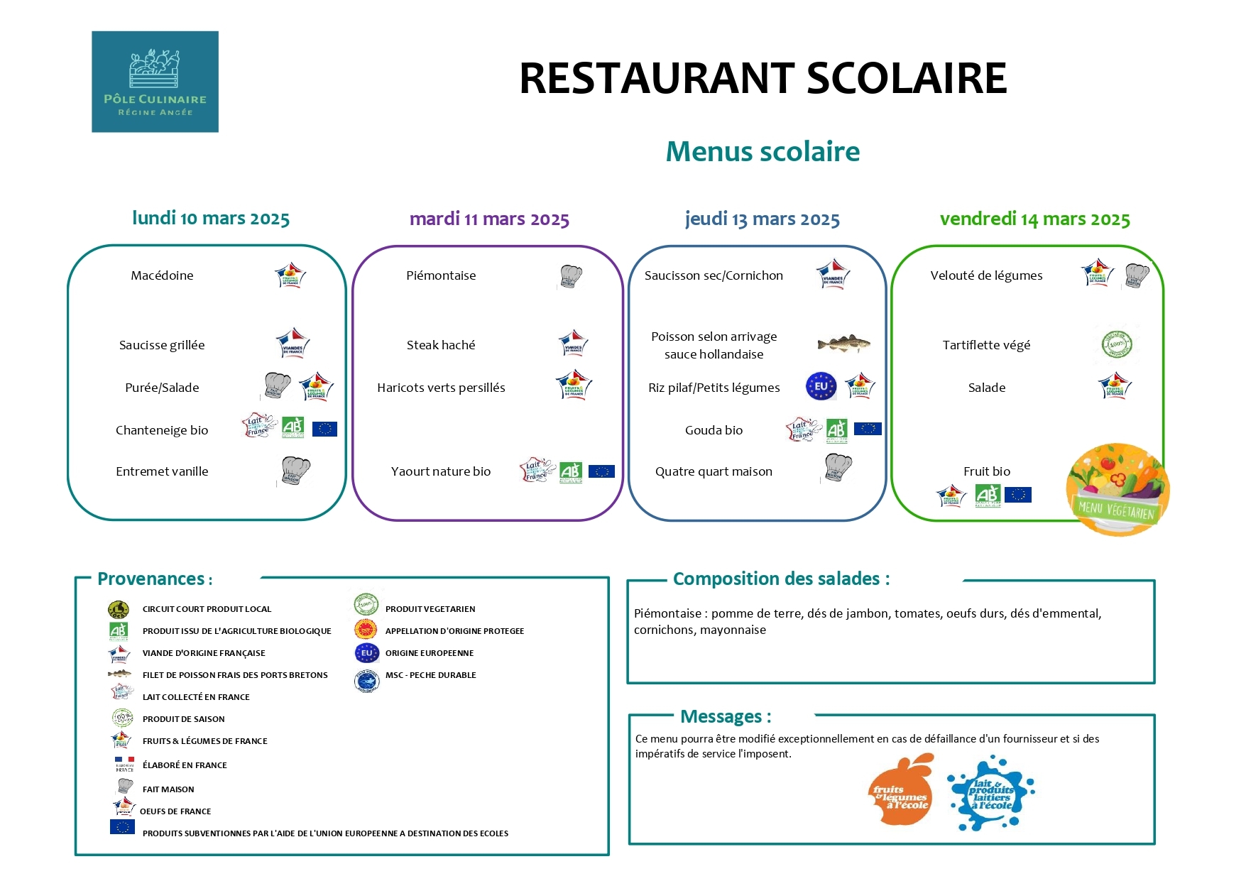 Menu du restaurant scolaire du 10 au 14 mars 2025