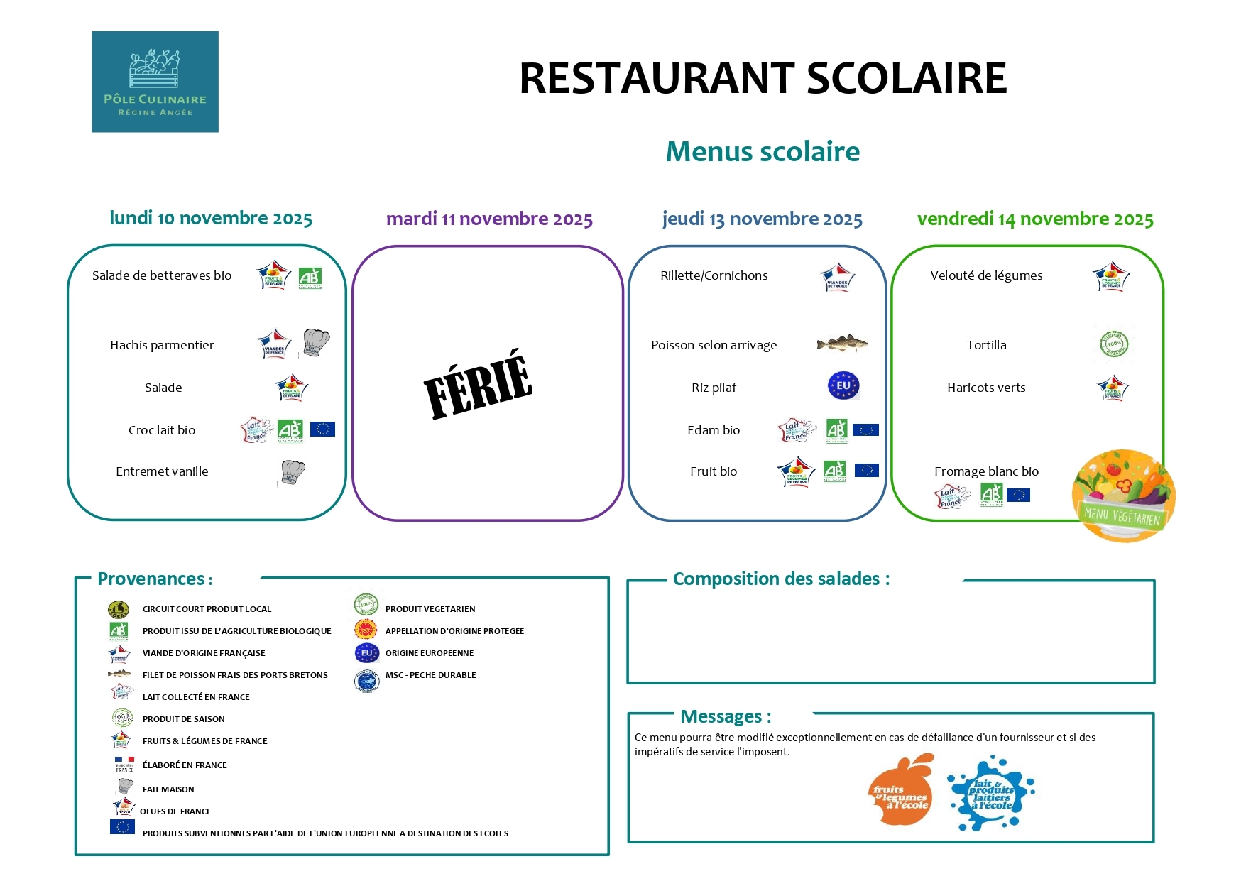 Menu du 10 au 14 novembre 2025
