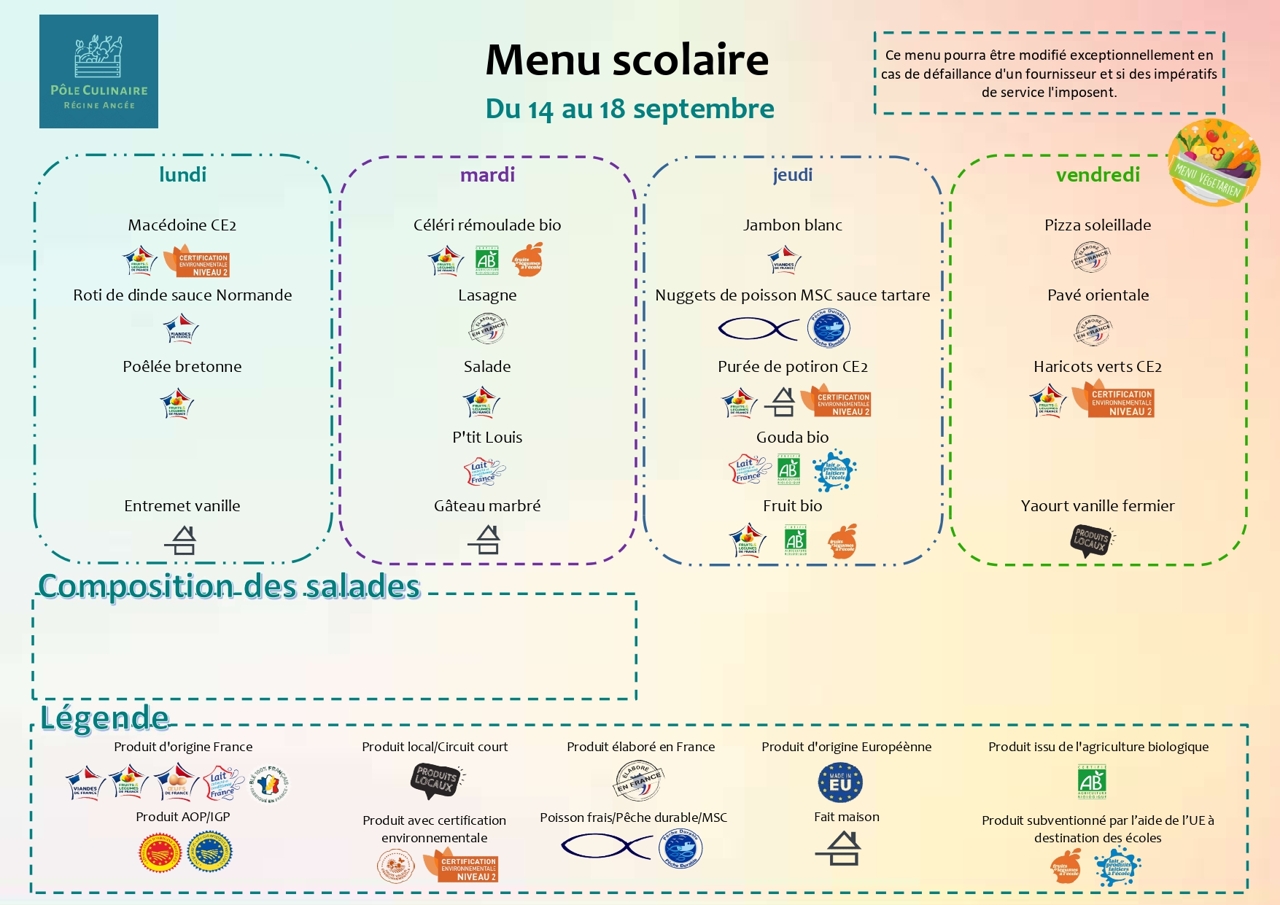 Menu cantine du 14 au 18 septembre 2026