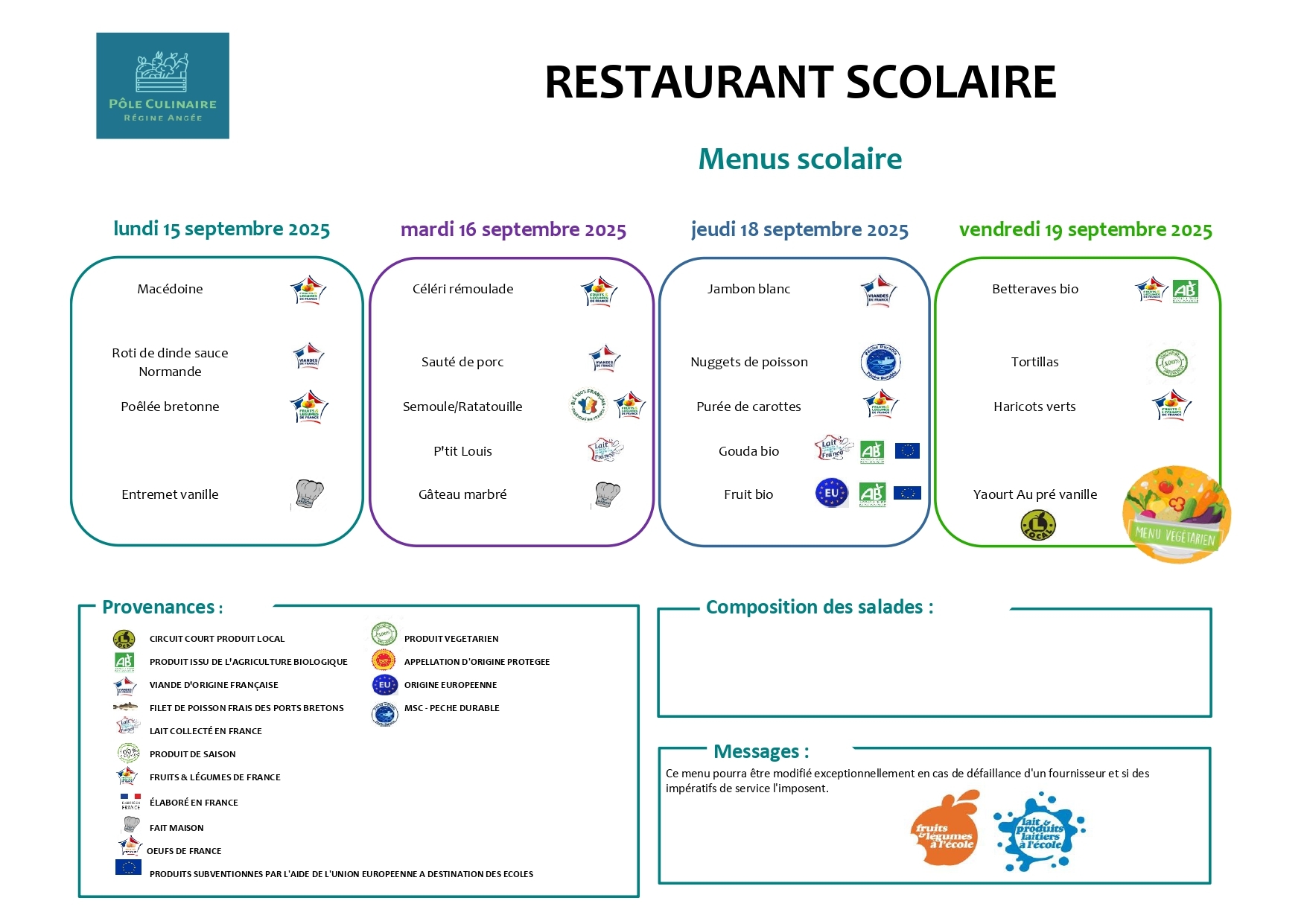 Menu restaurant scolaire du 15 au 19  septembre 2025