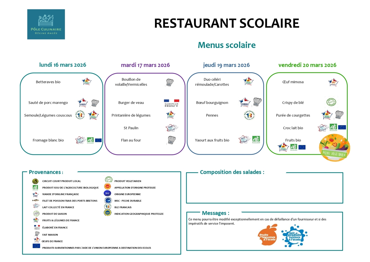 Menu du 16 au 20 mars 2026