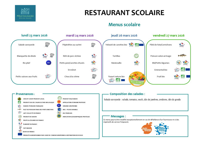 Menu du 23 au 27 mars 2026