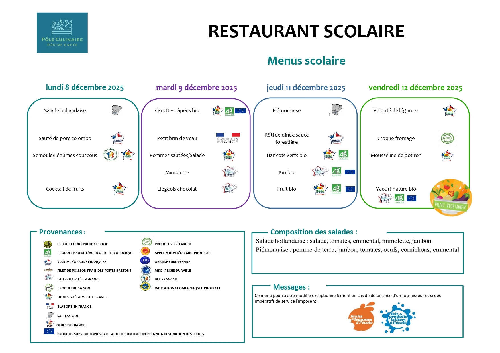 Menu du 8 au 12 décembre 2025