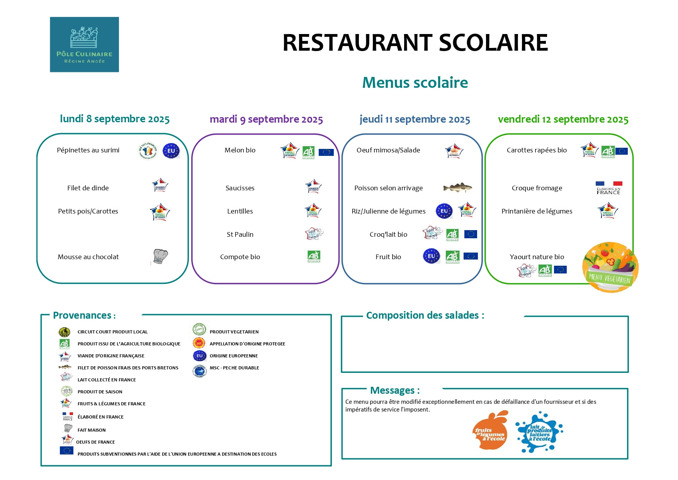 🎉 Deuxième semaine d'école, les cartables sont pleins... et les assiettes aussi ! 🍽️😄<br />
Voici le menu qui va régaler vos papilles !