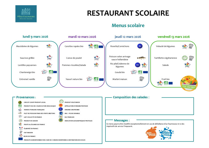 Menu du 9 au 13 mars 2026