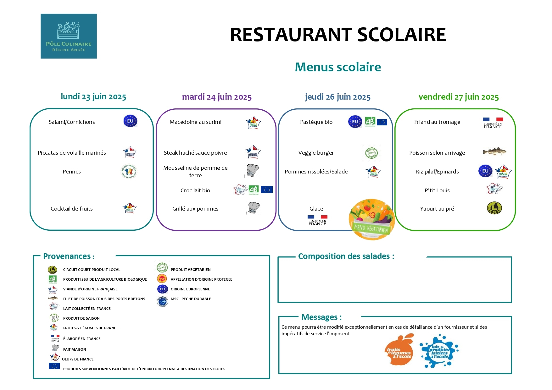 Menu restaurant scolaire du 23 au 27 juin 2025