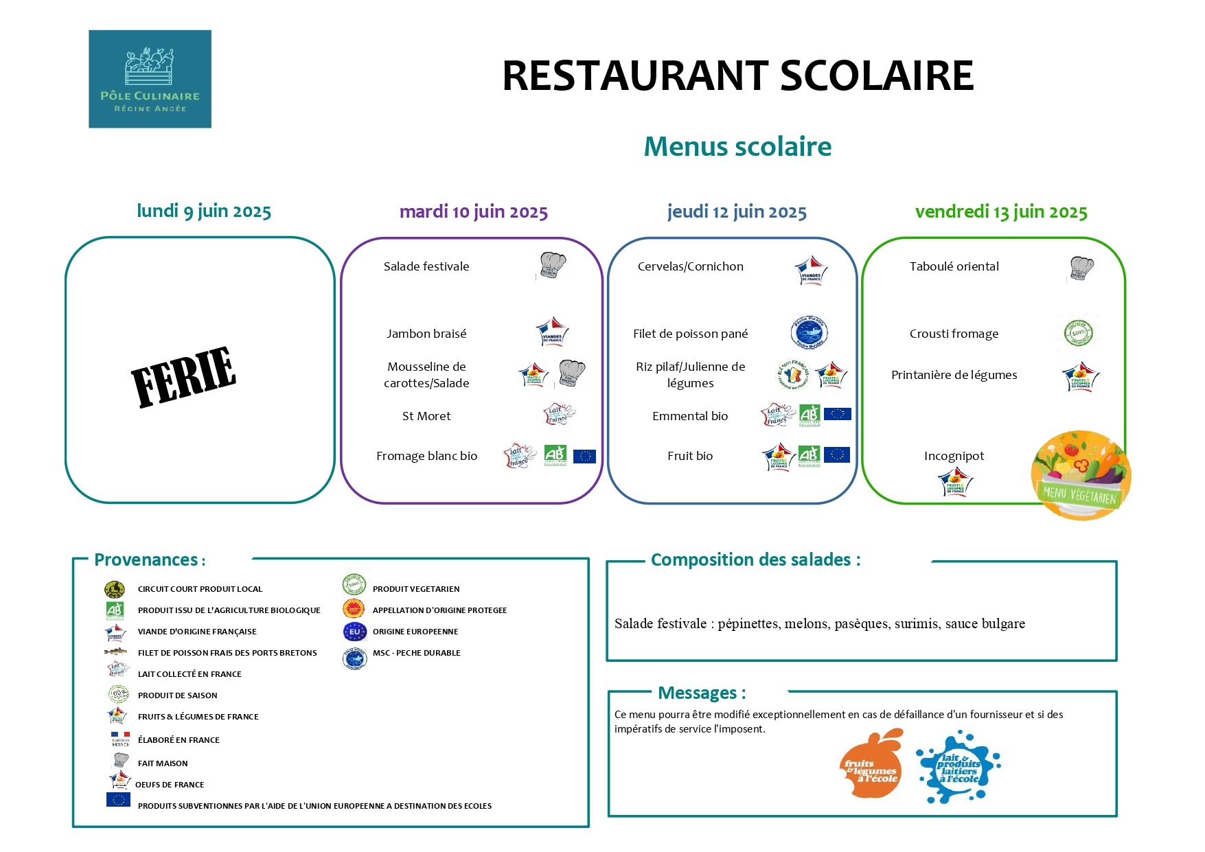 Menu restaurant scolaire du 9 au 13 juin 2025