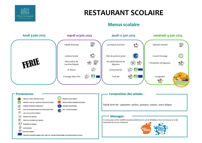 Menu restaurant scolaire du 9 au 13 juin 2025