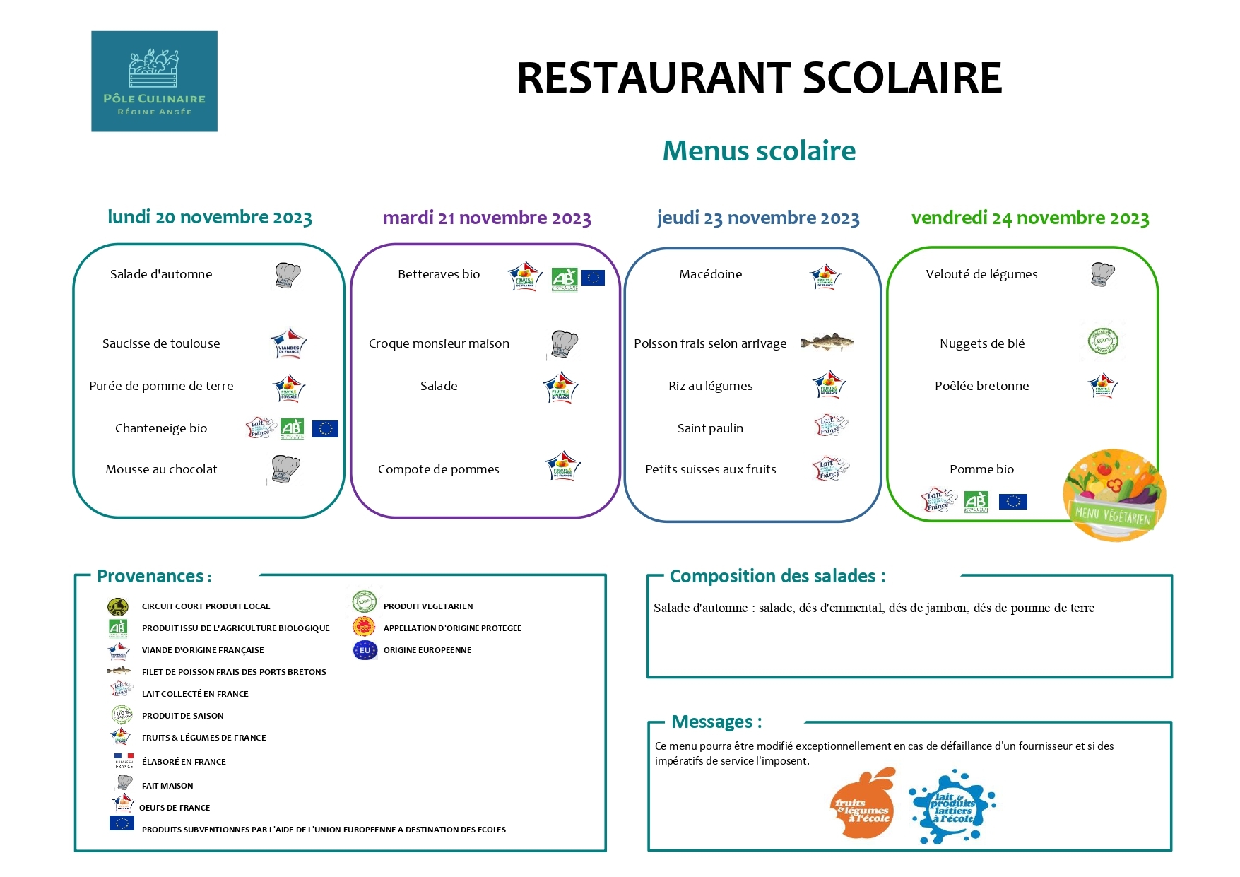 Menu du restaurant scolaire du 20 au 24 novembre 2023