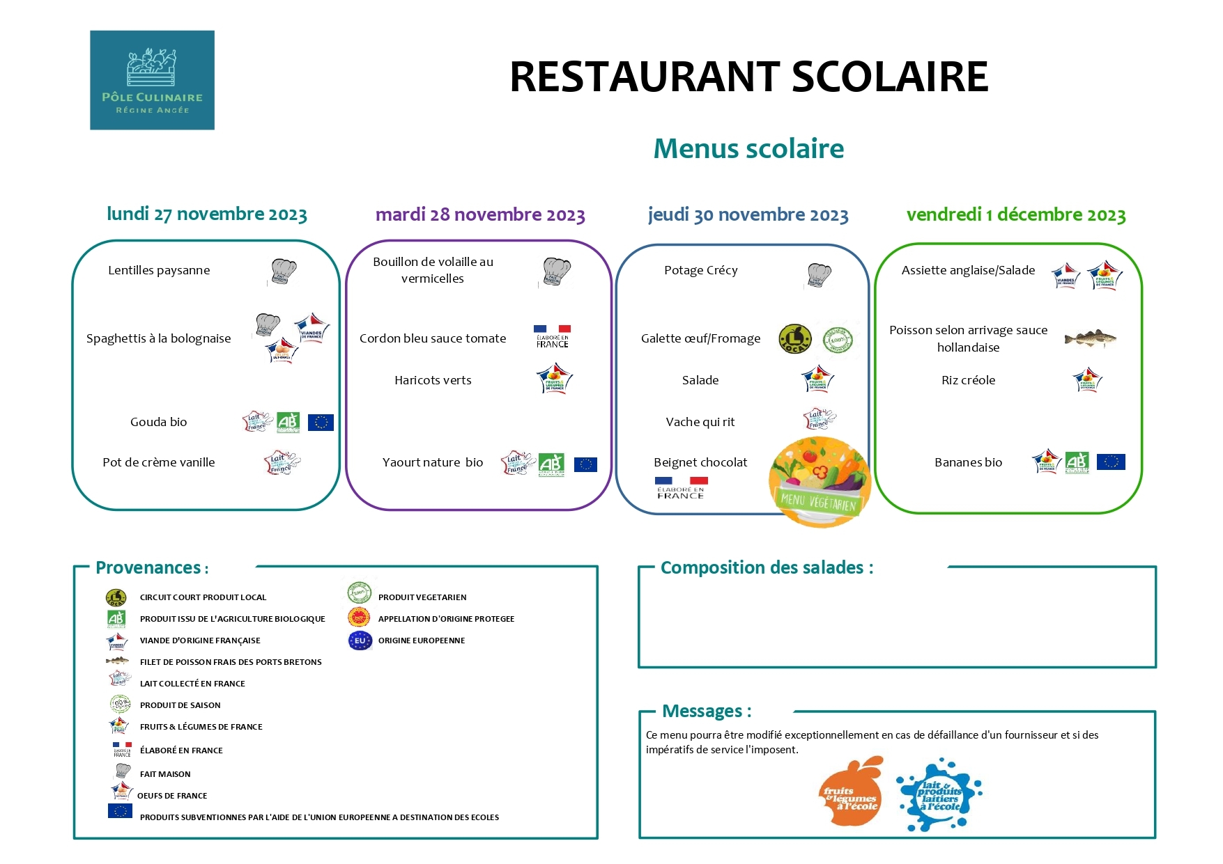 Menu du restaurant scolaire du 27 novembre au 1er décembre 2023