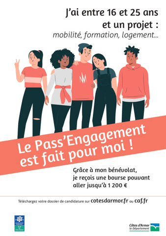 Tu as entre 16 et 25 ans ? 💡<br />
<br />
Engage-toi seulement 2h par semaine dans une action utile (aide aux devoirs, sport, culture, projets solidaires…) et obtiens une bourse pour t’aider à réaliser ton projet personnel 🎯<br />
<br />
Rejoins le dispositif du Département des Côtes-d’Armor et fais la différence !<br />
<br />
👉 Infos et candidature : https://cotesdarmor.fr/pass-engagement