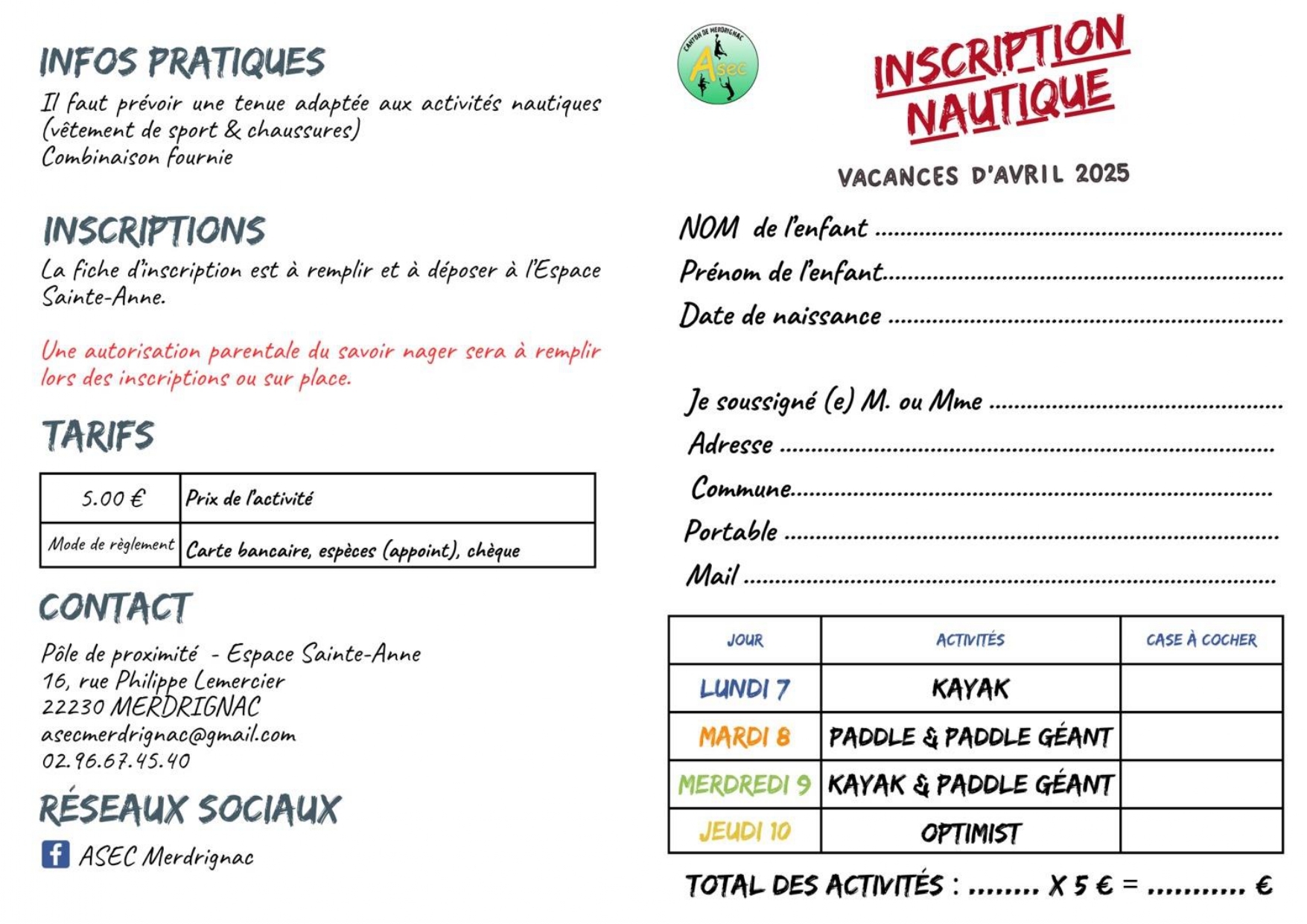programmes du cap sports vacances - avril 2025.