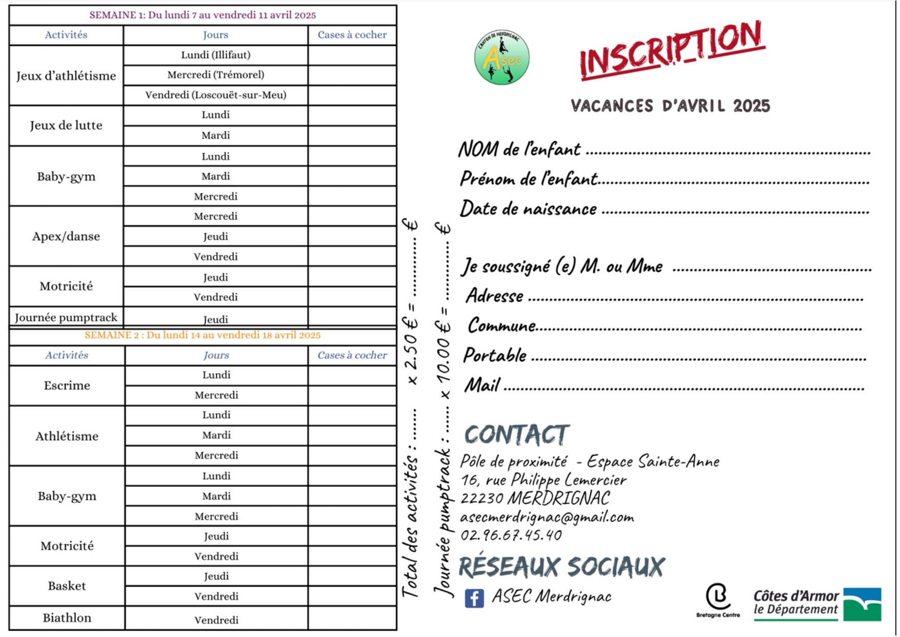 programmes du cap sports vacances - avril 2025.