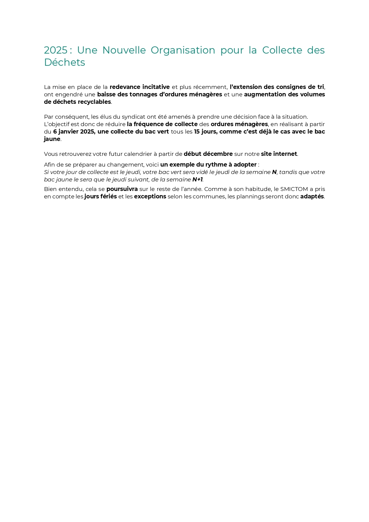 COLLECTE DES DECHETS- ce qui changera à compter du 6 janvier 2025
