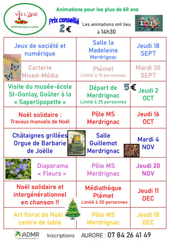Planning d'animation Vis l'âge de l'ADMR de Merdrignac 