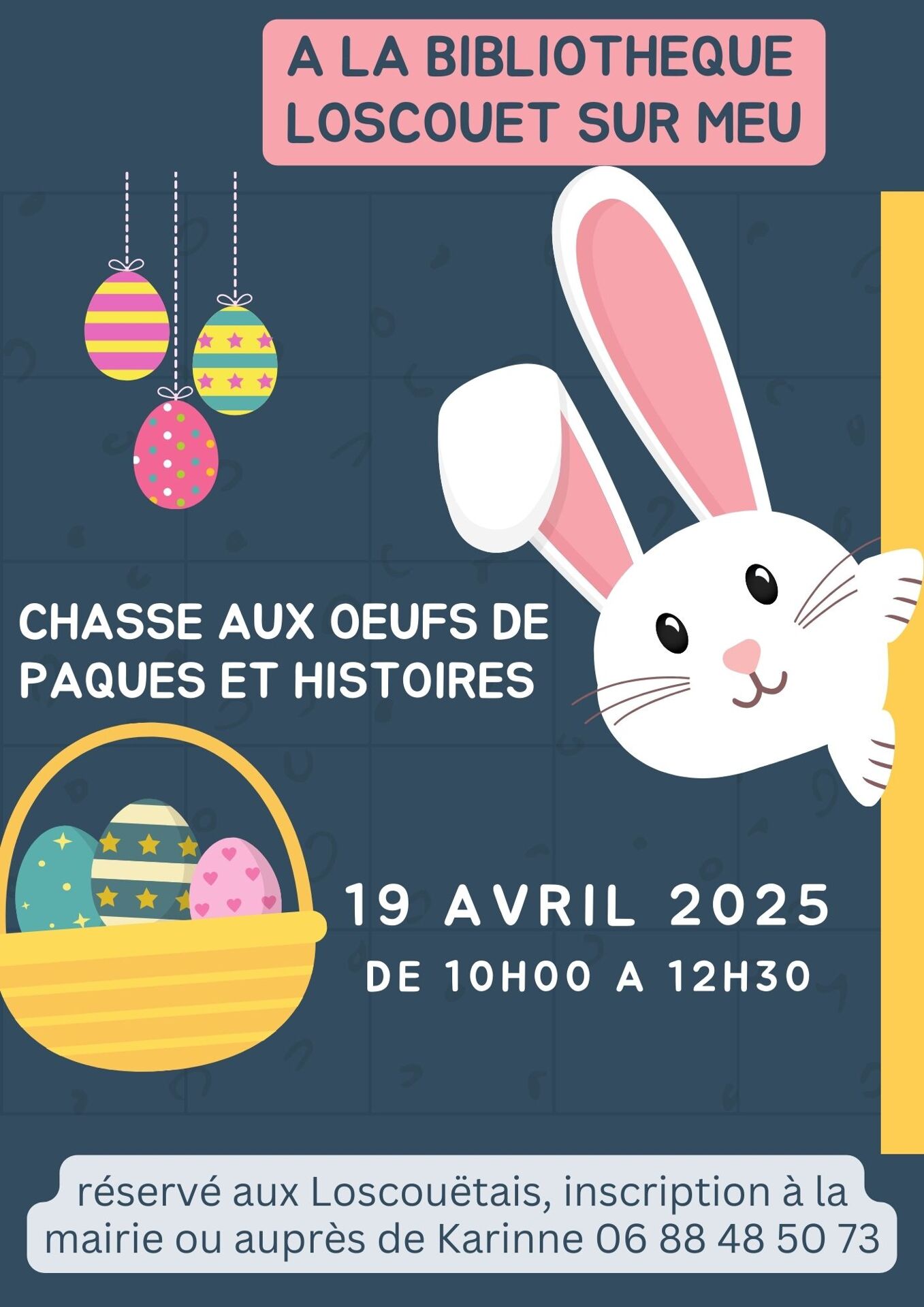 Viens fêter Pâques à la bibliothèque !<br />
Au programme : une joyeuse chasse aux œufs pour les enfants, suivie d’un moment convivial autour de lectures d’histoires.<br />
<br />
🎯 Événement réservé aux Loscouëtais<br />
📌 Inscription obligatoire auprès de Karinne
